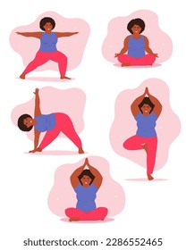 Set of bbw yoga pose. A full girl is engaged in asanas, gymnastics. Vigorous activity for health, flexibility, balance. Vector graphics.