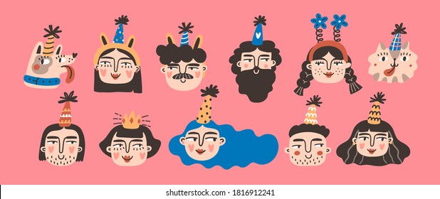 Set of Bday characters in cone hats. Boys,girls, dog and cat. Birthday Anniversary party. Vector clipart design