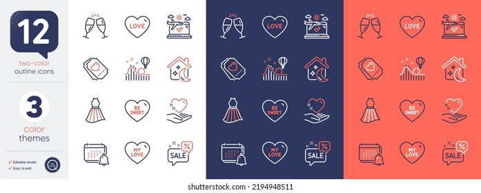 Set of Be sweet, Roller coaster and Notification line icons. Include Airplane travel, Love, My love icons. Discounts bubble, Sleep, Dress web elements. Hold heart, Champagne glasses. Vector
