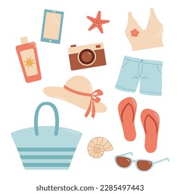 A set of beach accessories. Cartoon vector illustration. Beach set