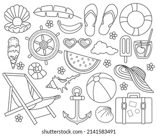 Set of beach accessories. Coloring. Rest on the sea. Black and white vector illustration.