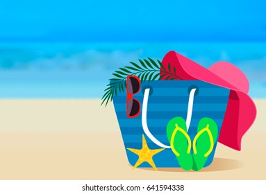 A set of beach accessories. The concept of summer holidays and travels. Flat vector illustration isolated