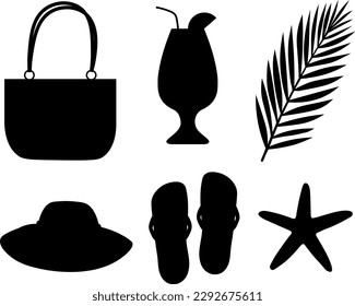 Set beach accessories drink palm leaves starfish silhouette vector illustration