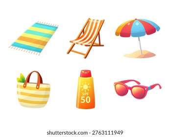 Set of beach accessories including towel, deck chair, umbrella, bag, sunscreen and sunglasses in flat summer style