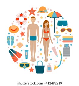 Set beach accessories. Man and woman on the beach. Summer, sea. Style flat