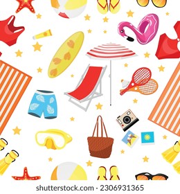 Set of beach accessories on white background. Banner for design