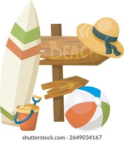 Set of beach accessories on white background