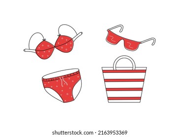 Set of beach accessories, summer bag, sunglasses, swimsuit in doodle style. Summer vacation by the sea. Vector illustration on an isolated background.