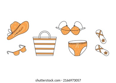 Set of beach accessories, summer bag, hat, sunglasses, swimsuit and beach shoes in doodle style. Summer vacation by the sea. Vector illustration on an isolated background.
