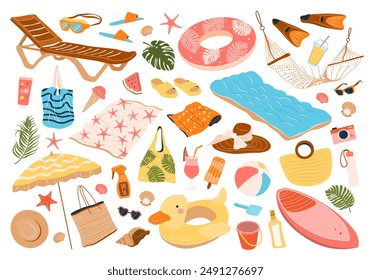 Set of beach accessories for swimming, pool party, vacation. Hand drawn female accessories for surfing and diving, food, swim ring, towels, sun protection. Isolated flat vector illustrations on white.