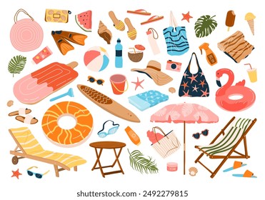 Set of beach accessories for swimming, pool party, vacation. Hand drawn female accessories for surfing and diving, food, swim ring, towels, sun protection. Isolated flat vector illustrations on white.