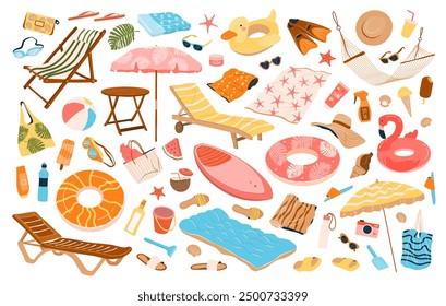Set of beach accessories for swimming, pool party, vacation. Hand drawn female accessories for surfing and diving, food, swim ring, towels, sun protection. Isolated flat vector illustrations on white.