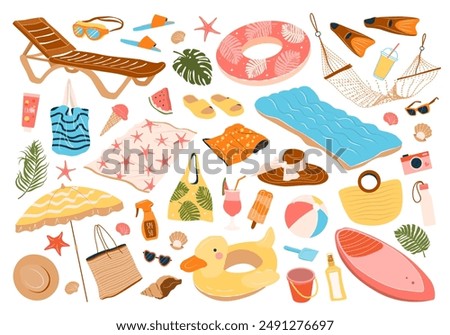 Set of beach accessories for swimming, pool party, vacation. Hand drawn female accessories for surfing and diving, food, swim ring, towels, sun protection. Isolated flat vector illustrations on white.