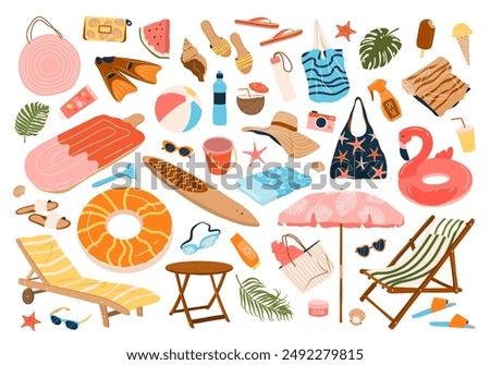 Set of beach accessories for swimming, pool party, vacation. Hand drawn female accessories for surfing and diving, food, swim ring, towels, sun protection. Isolated flat vector illustrations on white.