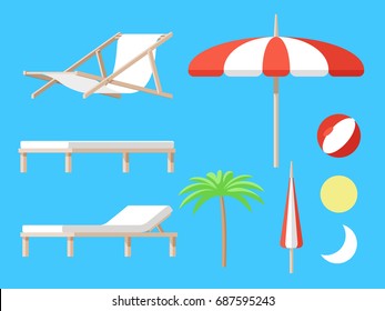 Set of beach accessories with umbrella chaise-longue recliner palm and ball vector illustration