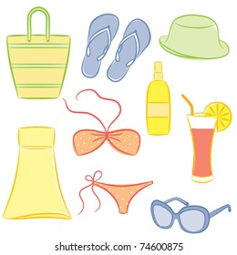 Set of beach accessories. Vector illustration.