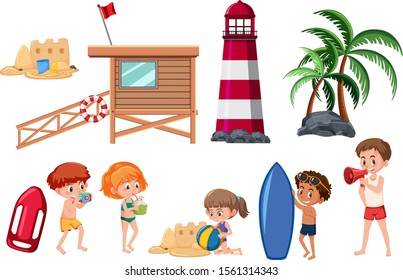 Set of beach activities on white background illustration