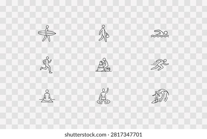 Set of beach activity line icons, including surfing, swimming, running, sandcastle building, and meditation