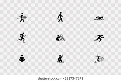 Set of beach activity solid icons, including surfing, swimming, running, sandcastle building, and meditation