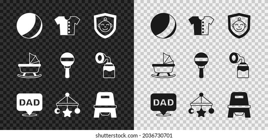 Set Beach ball, Baby t-shirt, on shield, Speech bubble dad, crib hanging toys, potty, stroller and Rattle baby icon. Vector