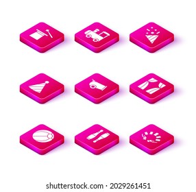 Set Beach ball, Bowling pin, Party hat, Cannon, Hand holding playing cards, Circus curtain raises, Festive confetti and Toy train icon. Vector