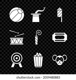 Set Beach ball, Magician hat, Firework rocket, Target, Popcorn in box, Monkey, Drum with drum sticks and Birthday party horn icon. Vector