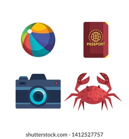 set of beach ball with passport and camera with crab