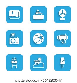 Set Beach ball, Sand castle, Ice cream, Diving mask, Barbecue grill, Photo camera with flash, Electric fan and Travel postcard icon. Vector