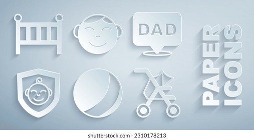 Set Beach ball, Speech bubble dad, Baby on shield, stroller, Little boy head and crib cradle bed icon. Vector