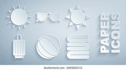 Set Beach ball, Sun, Suitcase, Towel stack, Glasses and  icon. Vector