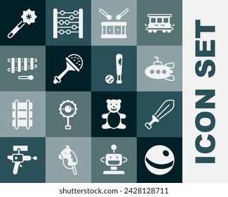 Set Beach ball, Sword toy, Submarine, Drum with drum sticks, Rattle baby, Xylophone, Magic wand and Baseball bat icon. Vector