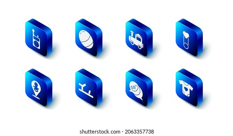 Set Beach ball, Toy train, Baby clothes pin, shoes, dummy pacifier and Monitor Walkie Talkie icon. Vector