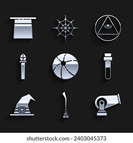 Juego de bola de playa, escoba de brujas, cañón, botella con poción de amor, sombrero, personal mágico, masones e ícono de Magia. Vector