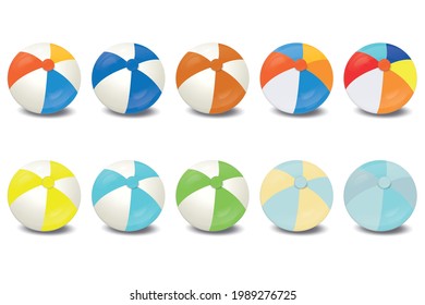 Set of beach balls isolated on white with shadows. Vector illustration of multi-colored balls for decoration of banners, design, trade.