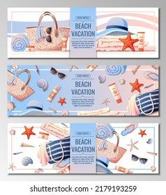 Set of beach banner with accessories for relaxing by the sea. Ocean sea holidays, season clothes cosmetics and accessories vector background. Webbaner, poster, flyer, advertising. Summer vacation