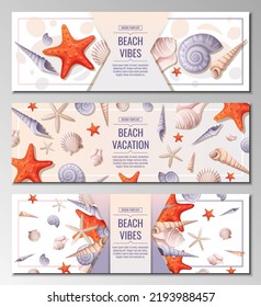 Set of beach banner withwith shells and starfish. Ocean sea holidays, vector background. Webbaner, poster, flyer, advertising. Summer vacation.