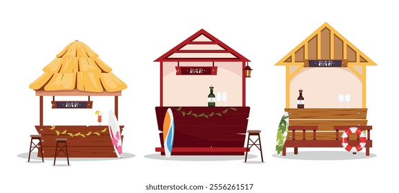 Set of beach bars in cartoon style. Vector illustration of tropical house bar on vacation,with chairs,wine bottles,glasses,cocktail,surfboard, inflatable circle, lantern isolated on white background.