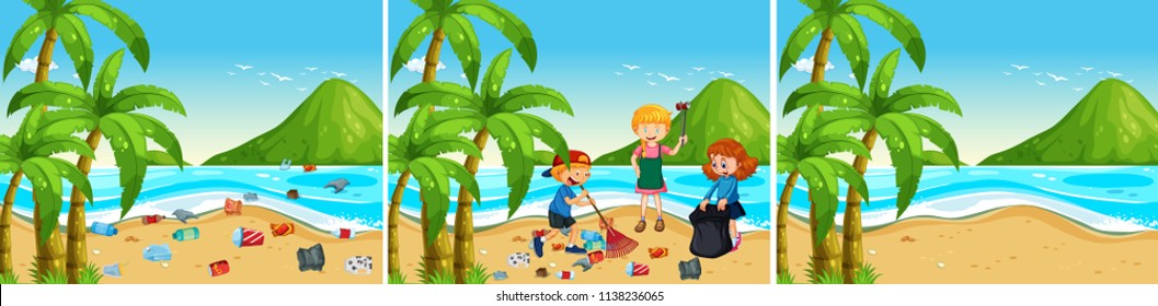 A set of beach being clean illustration