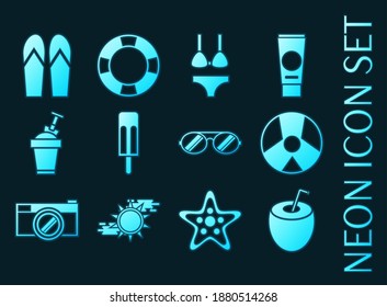 Set of Beach Blue glowing neon icons