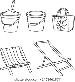 Set von Strandstuhl, Tasche Sommer, Sandeimer Malseite für Kinder. Sommer Outline Doodle Färbung Seite isoliert auf weißem Hintergrund. Sommer-Malbuch für Kinder 