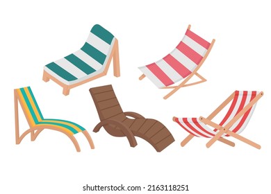 Set of beach chairs for sunbathing. Doodle flat clipart. All objects are repainted.