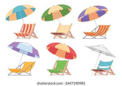 A set of beach chairs with umbrellas featuring vibrant colors and designs, perfect for lounging by the ocean or pool on a sunny day.