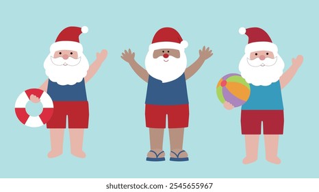 Set of Beach Christmas Santa Flat vector.
Beach summer Santa Claus.
Normal skin tone and dark skin tone.