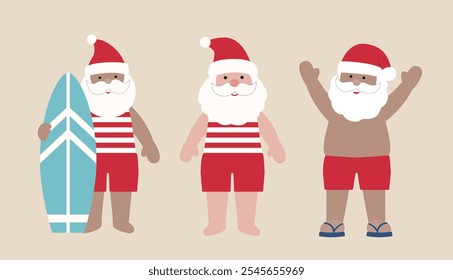 Set of Beach Christmas Santa Flat vector.
Beach summer Santa Claus.
Normal skin tone and dark skin tone.