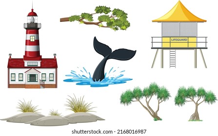 Set of beach coast objects and elements illustration
