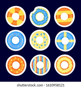 Set with beach colored lifebuoys. Cartoon style. Vector illustration
