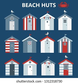 Set beach colourful huts, seagulls and crab. Vector illustration.