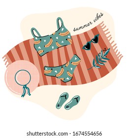 Set of beach cute elements swimsuit, hat, flip flops, sun glasses, beach towel. Swimwear, sunbathing on beach and summer vibes set for card, banner, poster. Vacation at seaside resort. 