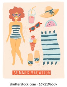 Set of beach cute elements swimsuit, hat, sunscreen, flip flops,