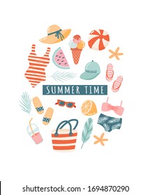 Set of beach cute elements swimsuit, hat, sunscreen, flip flops,